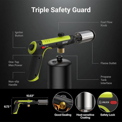 SEESE Propane Torch with One-Touch Max Fire & Safety Lock, Adjustable Flame for BBQ, Sous Vide, Searing, Fireplace & Wood