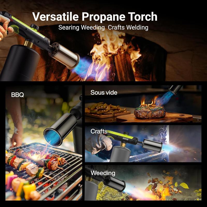 SEESE Propane Torch with One-Touch Max Fire & Safety Lock, Adjustable Flame for BBQ, Sous Vide, Searing, Fireplace & Wood