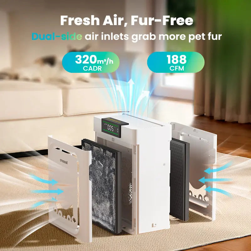 ✨Oneisall Pet Air Purifier, 3-in-1 Washable HEPA Filter, Dual-Sided with 200g Activated Carbon, Pet Lock, Allergen Relief & Odor Removal🎯